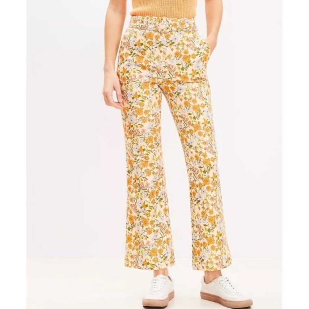 LOFT Belted Sutton Kick Crop Pants Floral Boho Linen Mod Retro Hippie 16